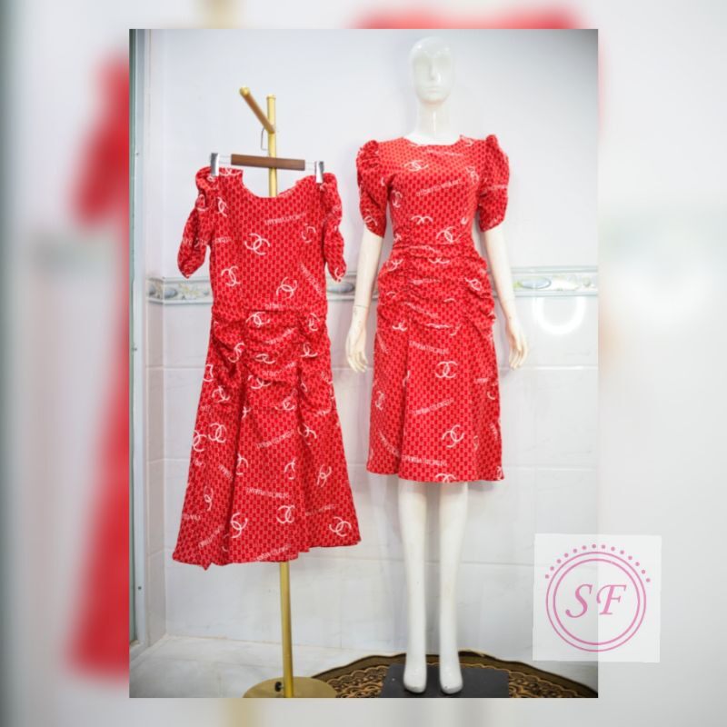 Đầm ôm body đuôi cá dáng dài tay phồng nhún eo dấu bụng tôn dáng hoạ tiết sang trọng