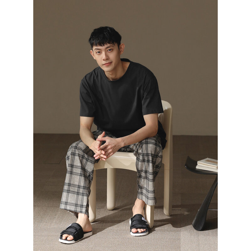 Nam Mùa Hè Đồ Ngủ Nguyên Chất Cotton Vải Bông Nhẹ Tay Ngắn Quần Dài Thoải Mái Kẻ Caro Quần Mặc Ngoài