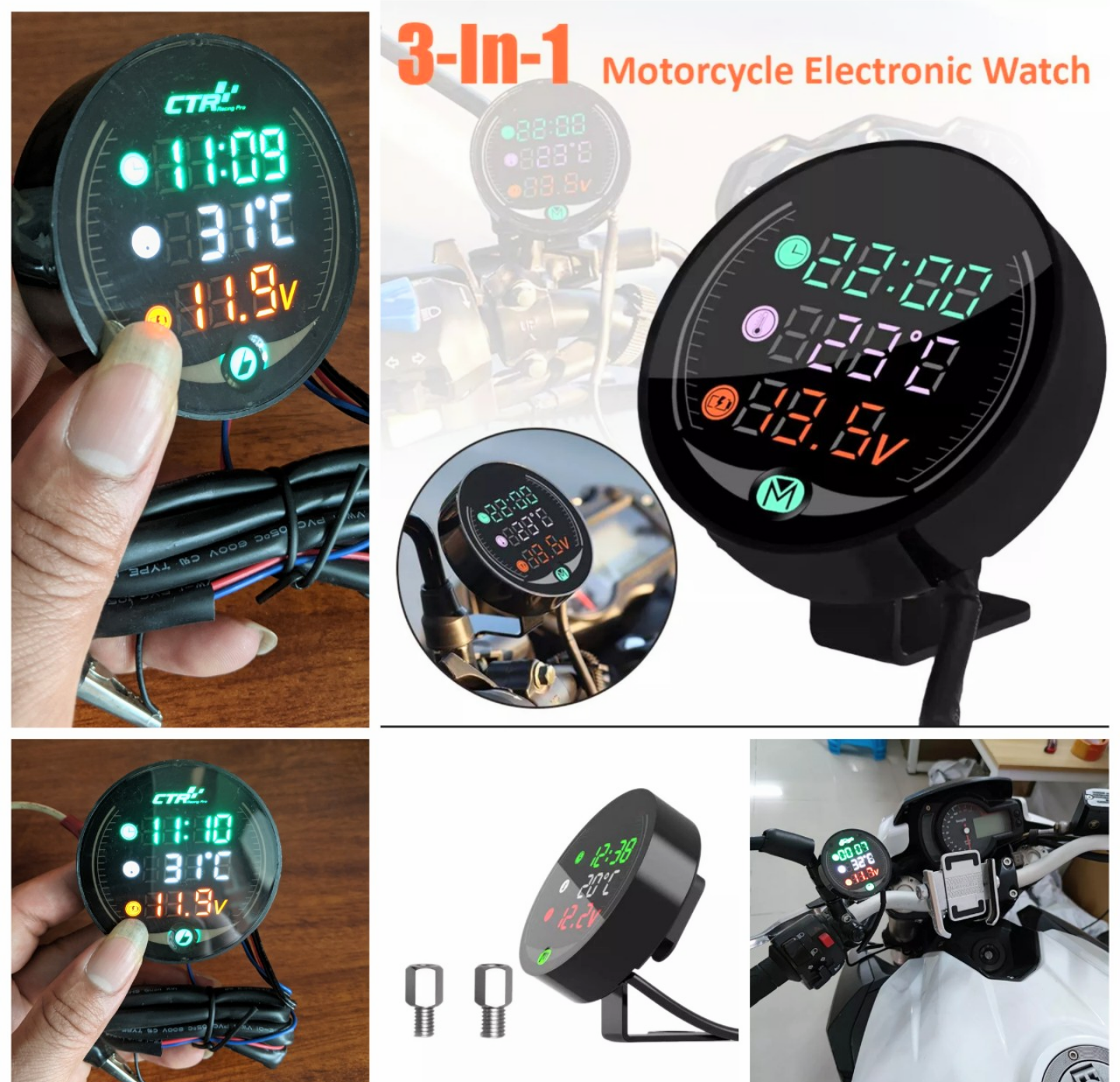 Đồng hồ 3in1 báo giờ báo von báo nhiệt độ gắn xe máy cực chất hàng loại tốt