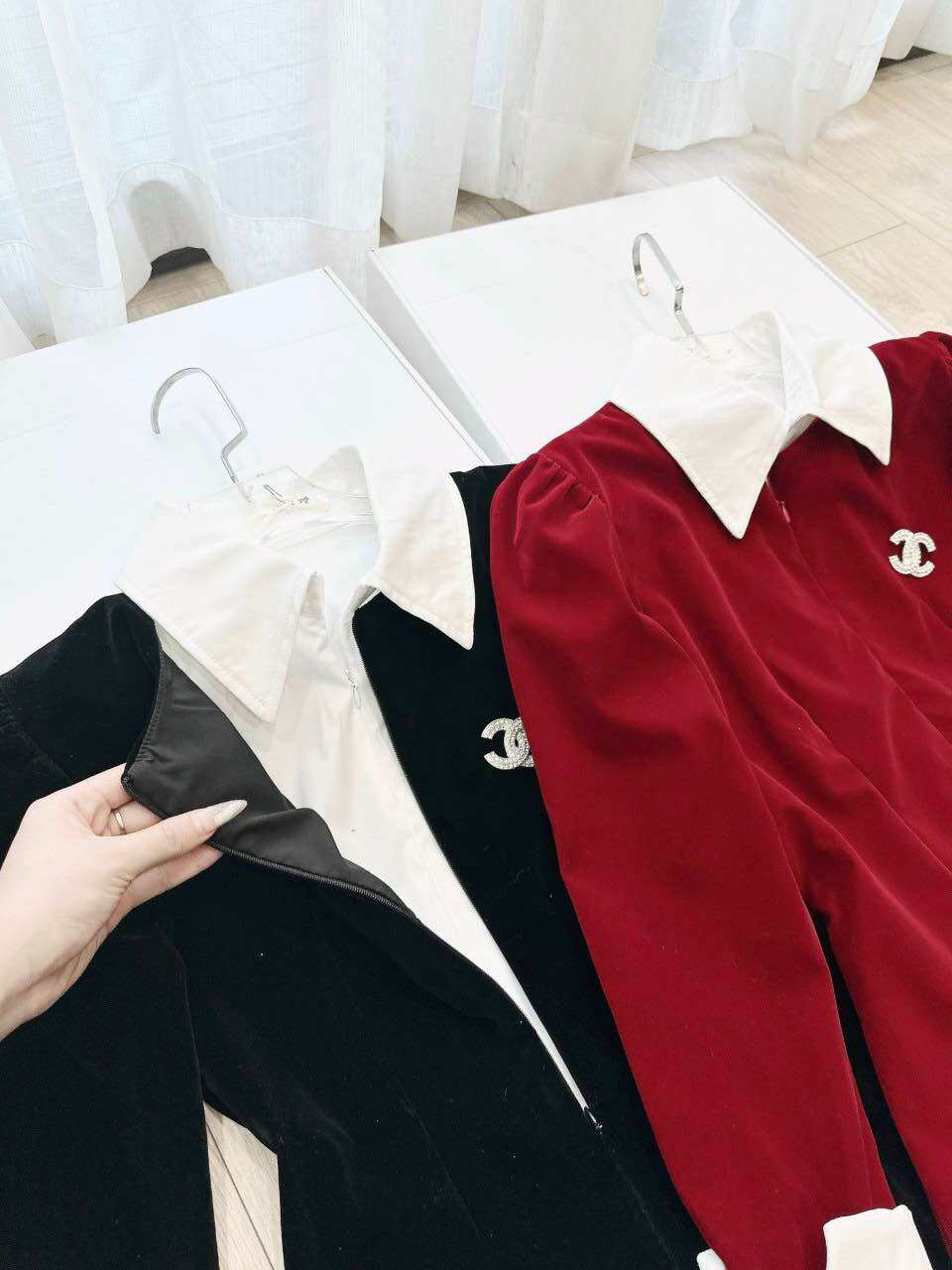 Váy nhung phối cổ sơ mi thiết kế cao cấp