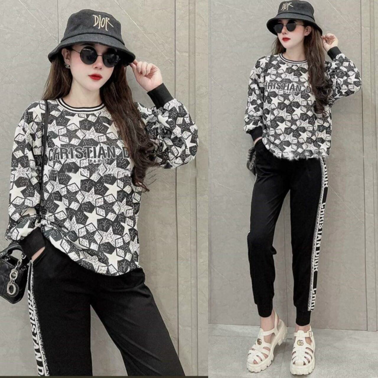 Bộ đồ nữ thu đông cao cấp thun cotton áo in họa tiết độc đáo trẻ trung mẫu