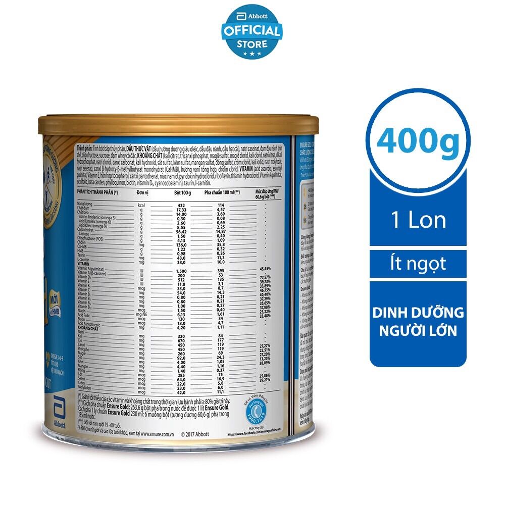 Sữa bột Ensure Gold Abbott ít ngọt (HMB) 400g