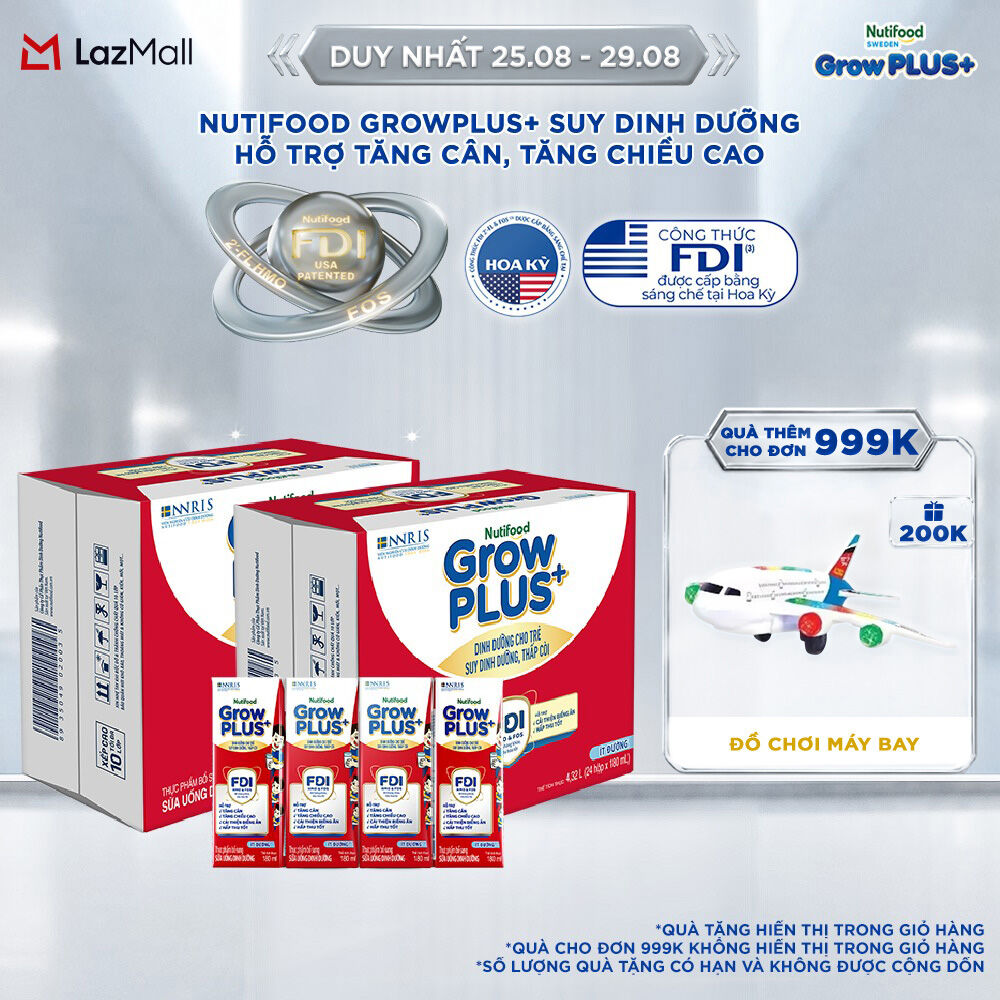 Thùng 48 hộp Sữa Nước Nutifood GrowPLUS+ Suy Dinh Dưỡng (Đỏ) - Hỗ trợ tăng cân, tăng chiều cao Ít đường 180ml - Trên 1 tuổi (Bao bì tùy đợt nhập hàng)