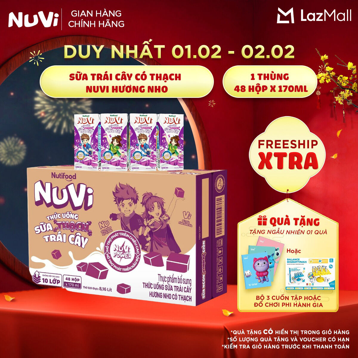 Thùng 48 Hộp Thức Uống Sữa Trái Cây Có Thạch NuVi Hương Nho 170ml