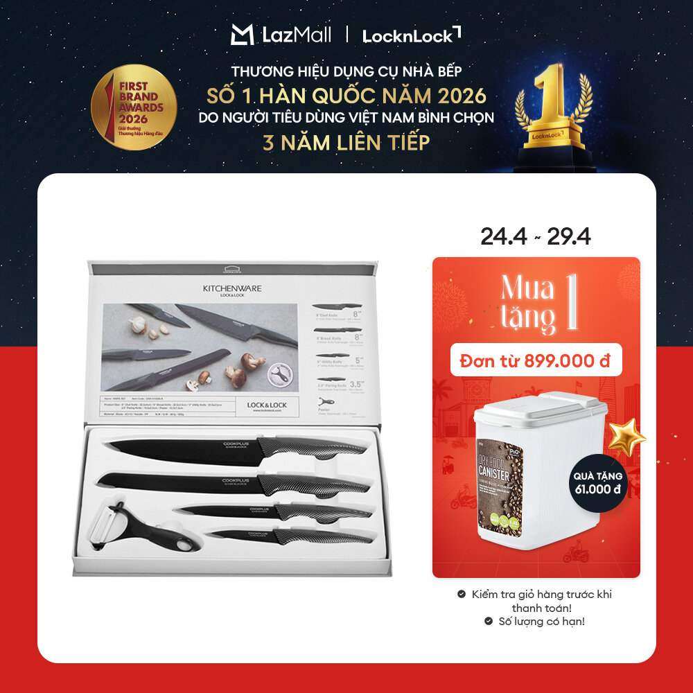 CKK101S5BLK - Bộ dao nhà bếp 5 món thép không gỉ LockLock (4 Dao, 1 gọt vỏ trái cây) COOKPLUS - Hàng chính hãng - Giới hạn 5 sản phẩm/khách hàng