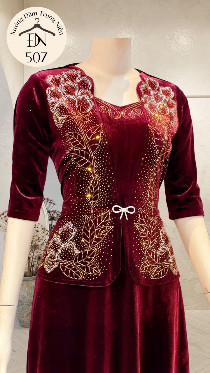 Đầm Nhung ép đá cao cấp  tay lỡ