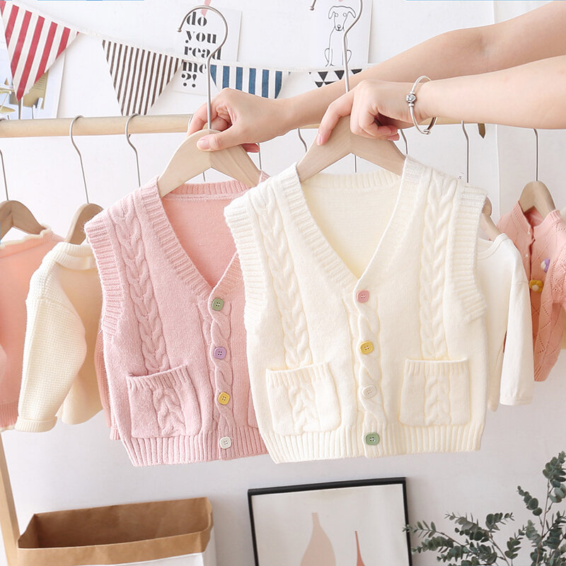 Áo len vặn thừng cho bé gái áo ba lỗ áo len dệt kim kiểu tây cardigan cho trẻ em mẫu mới xuân thu áo gile không tay bé gái sành điệu