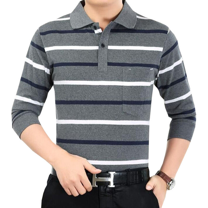 Áo Thun Dài Tay Kẻ Sọc Nam Giới Trung Niên Mùa Thu Áo Polo Cổ Bẻ Cotton Túi Thật Trang Phục Cho Bố Trung Niên Và Già Áo