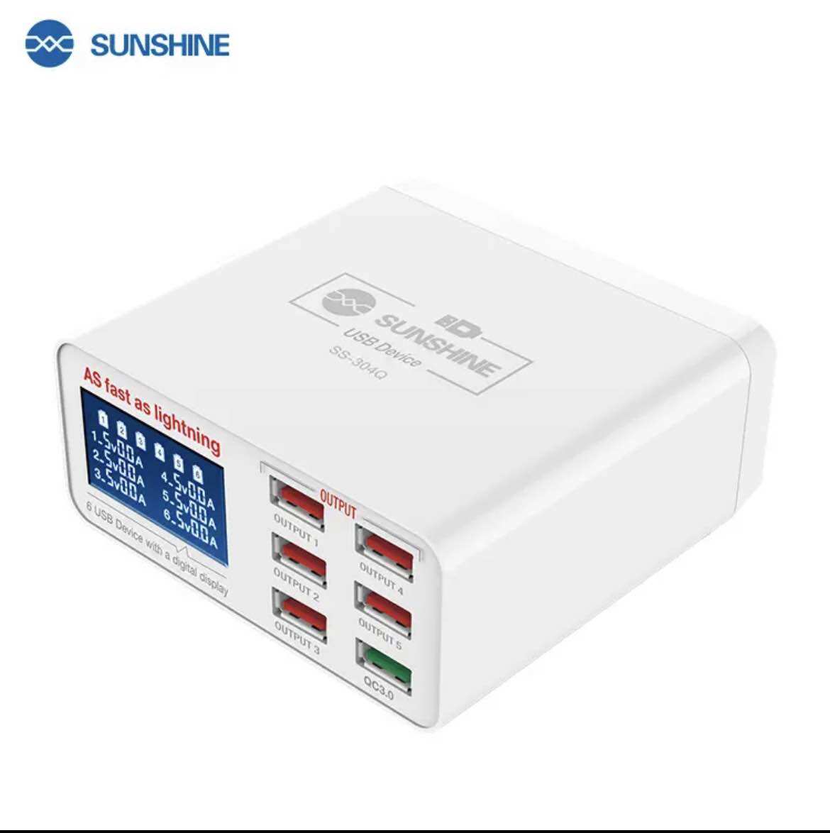 Sạc 6 cổng sunshine 304q , 5 cổng usb 2.0, 1 cổng sạc nhanh 3.0 , hiển thị dòng sạc