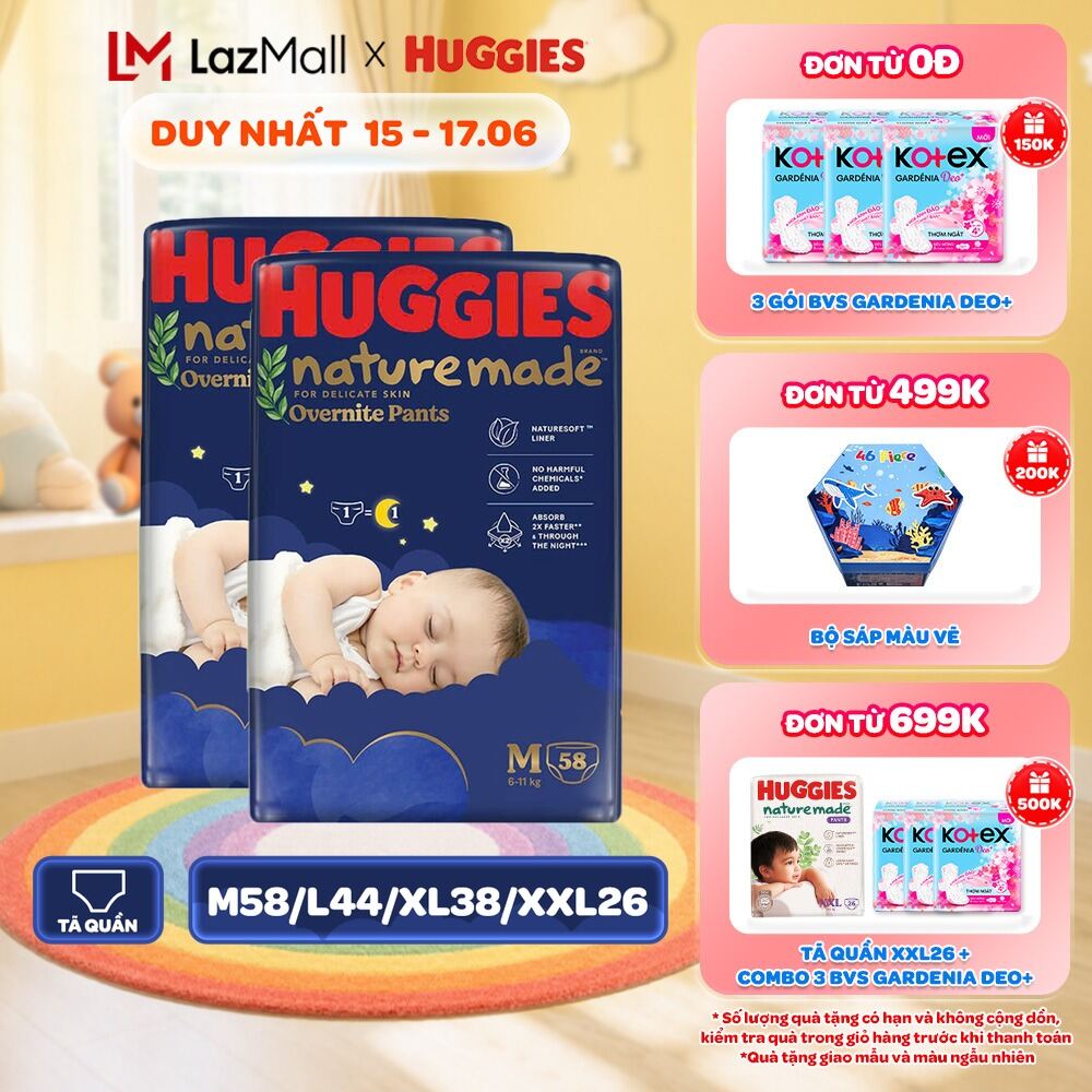 Combo 2 Tã quần Huggies Naturemade ban đêm M58/L44/XL38/XXL26