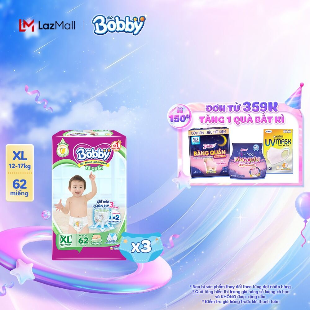 Combo 3 gói Tã quần Bobby Lõi nén thần kỳ 3mm - M76/L68/XL62/XXL56 [Bao bì thay đổi theo từng đợt nh