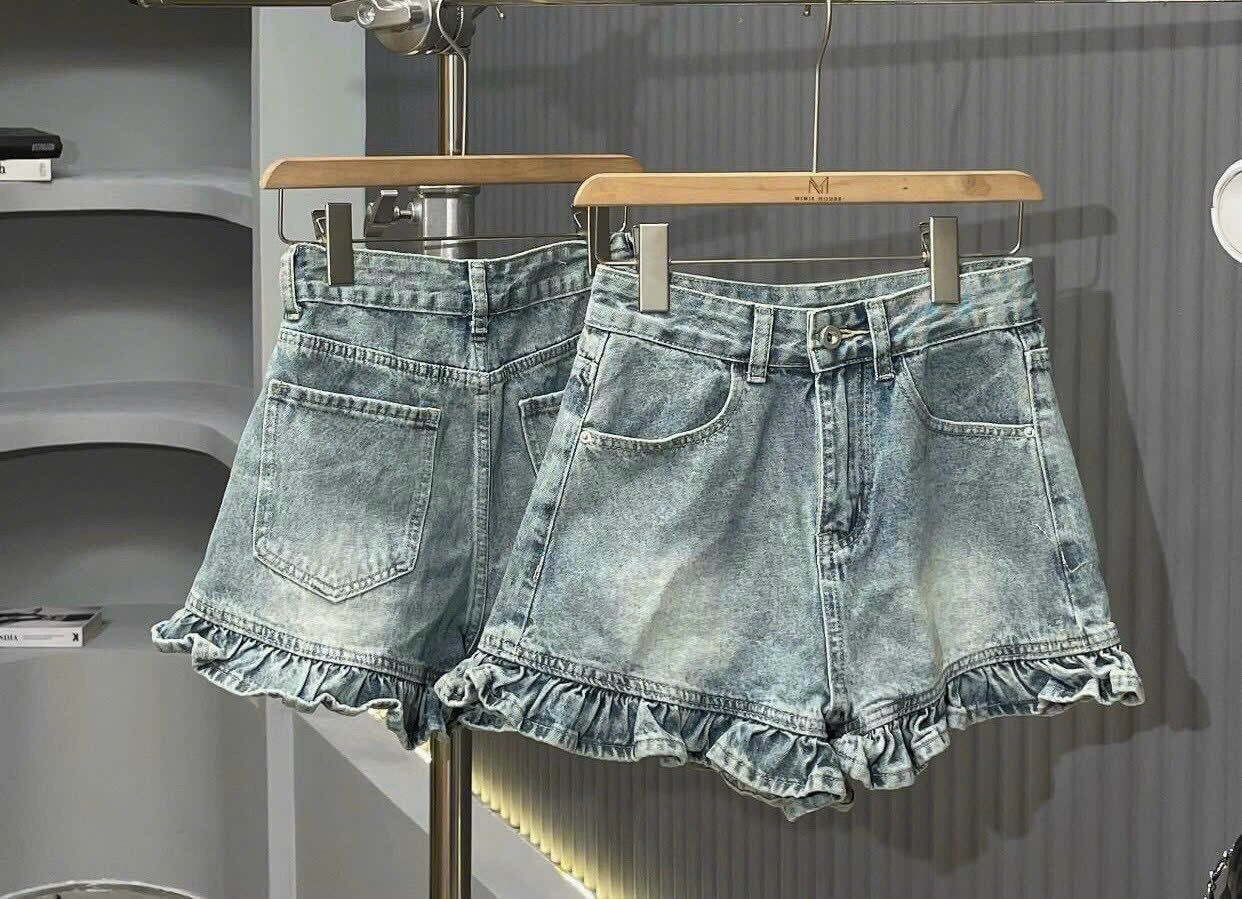 Quần Short Nữ Jean Lưng Cao Lai Phối Bèo