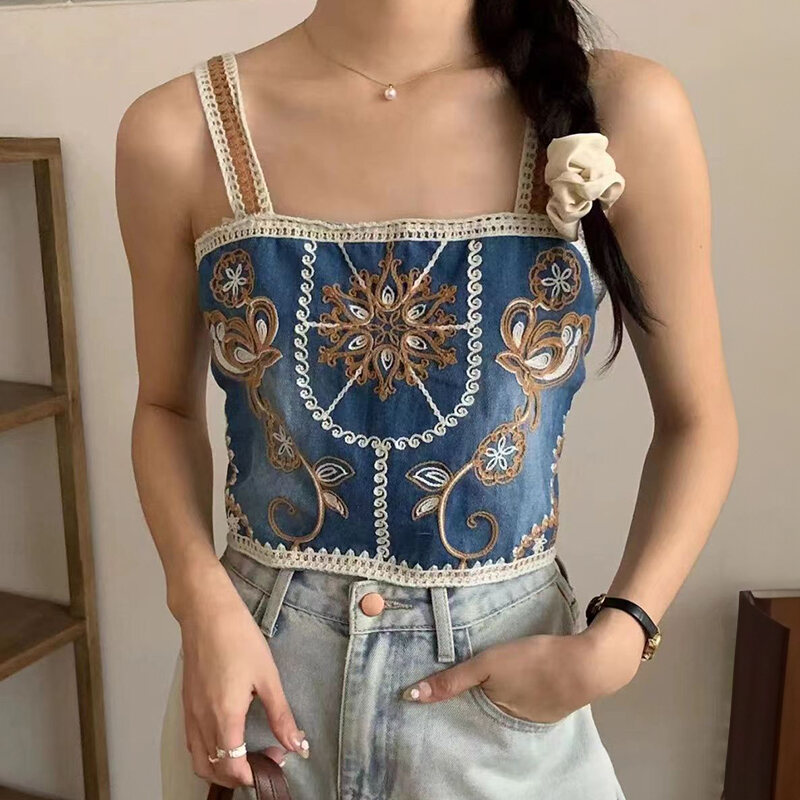 Denim Xanh Móc Cami Top Thêu Hoa Đan Mở Crop Tank Phong Cách Boho Cho Teengirl Kỳ Nghỉ Hè Thời Trang