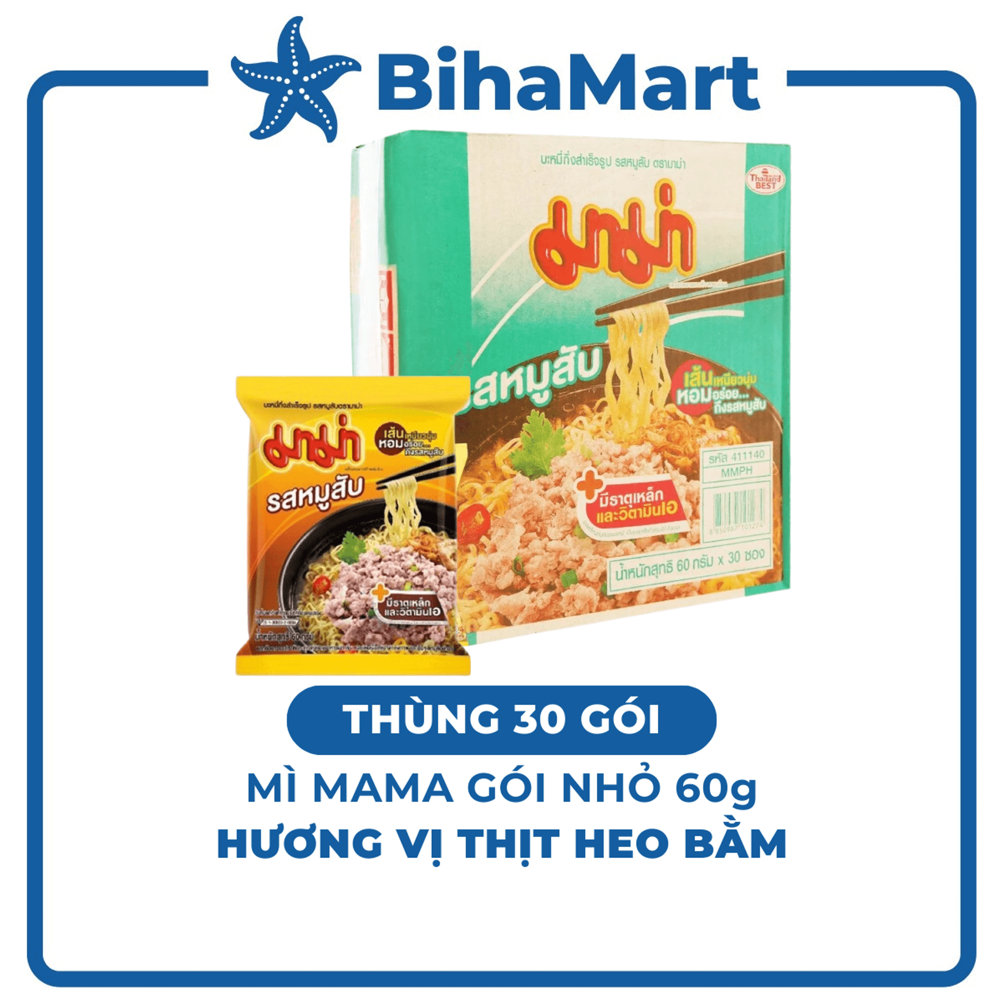 [THÙNG 30 GÓI] - MAMA - Mì Mama gói nhỏ hương vị Thịt heo bằm (60g/gói) - Mì thịt heo bằm Mama, Mì Thái Lan vị Thịt heo bằm