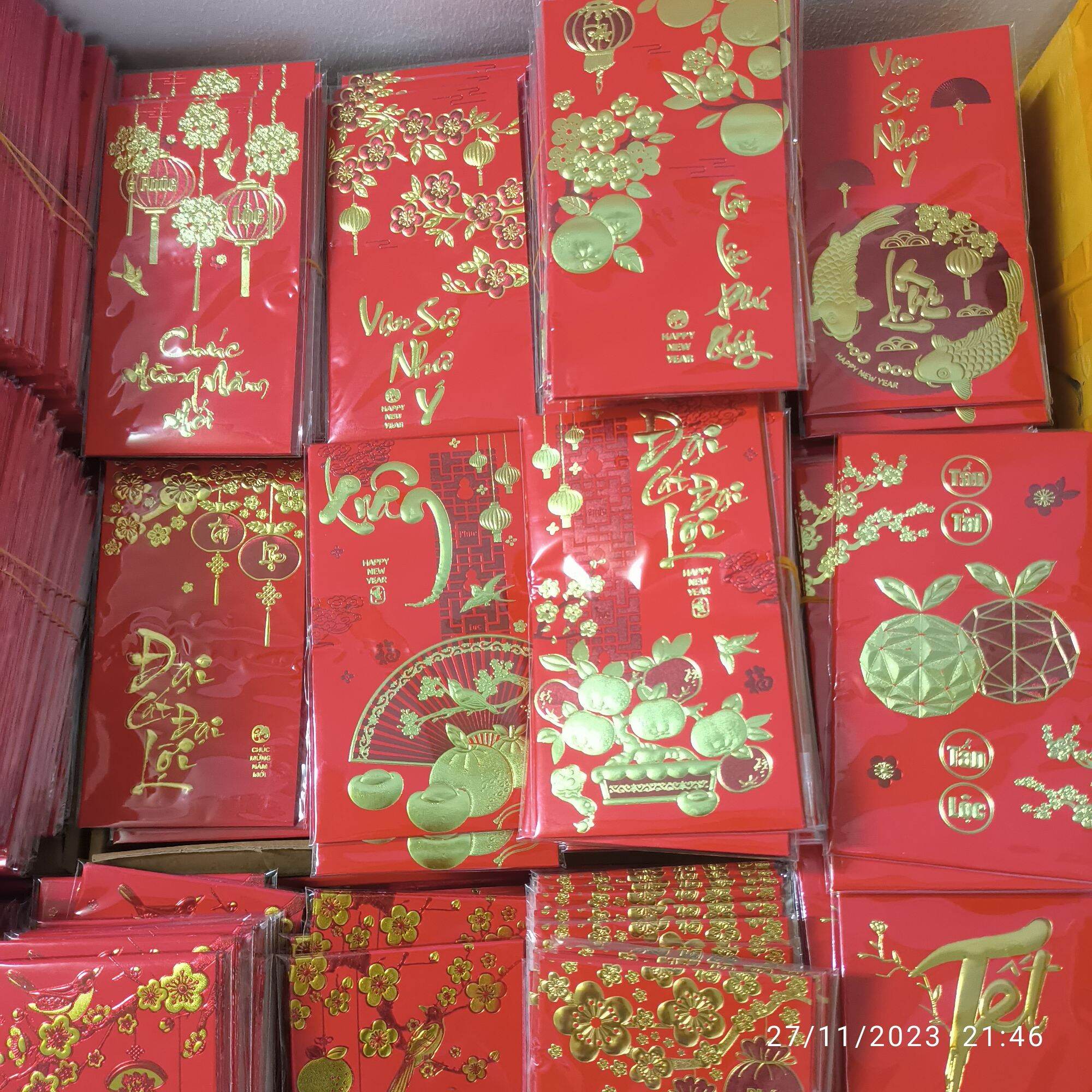 COMBO 30 BAO LÌ XÌ ĐỎ GIẤY IN NHŨ (Kích thước 16x9cm) ( 6 bao/xấp, 30 bao là 5 xấp)