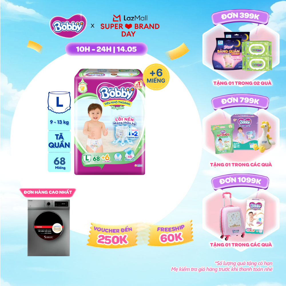 [SALE GIỮA THÁNG tặng QUÀ TO-SLCH]Tã/bỉm quần Bobby Ultra Jumbo 3mm Gạo non Giảm nhiệt L70
