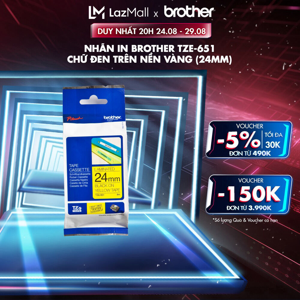 Nhãn in Brother TZe-651 chữ đen trên nền vàng (24mm)