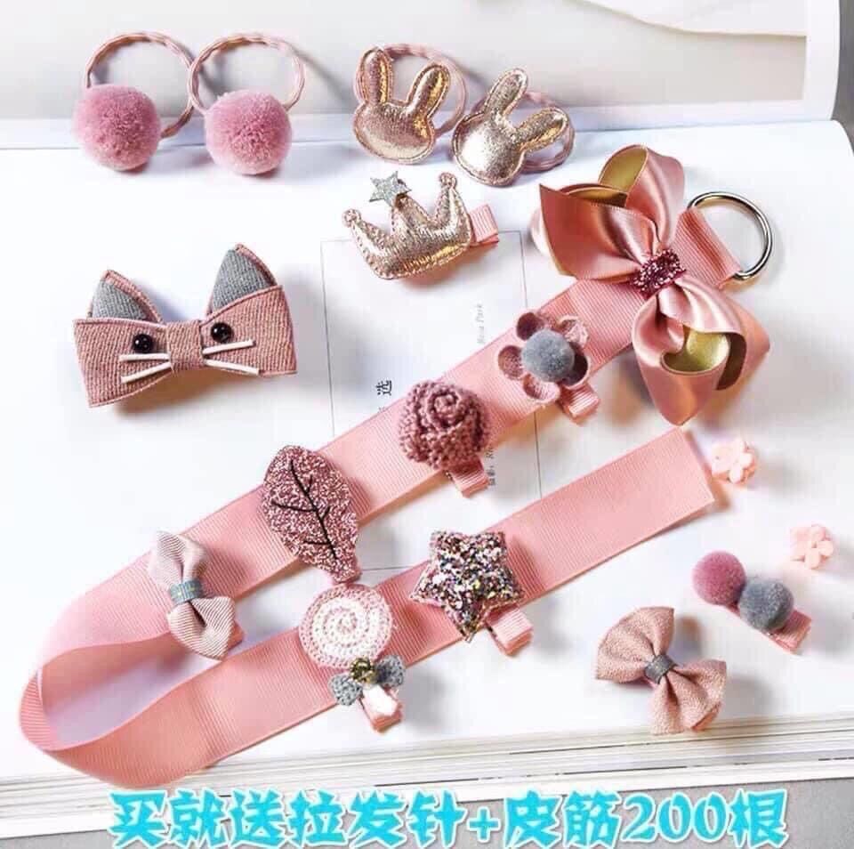 Set 18 món cột, kẹp tóc cho bé, kèm hộp túi đựng
