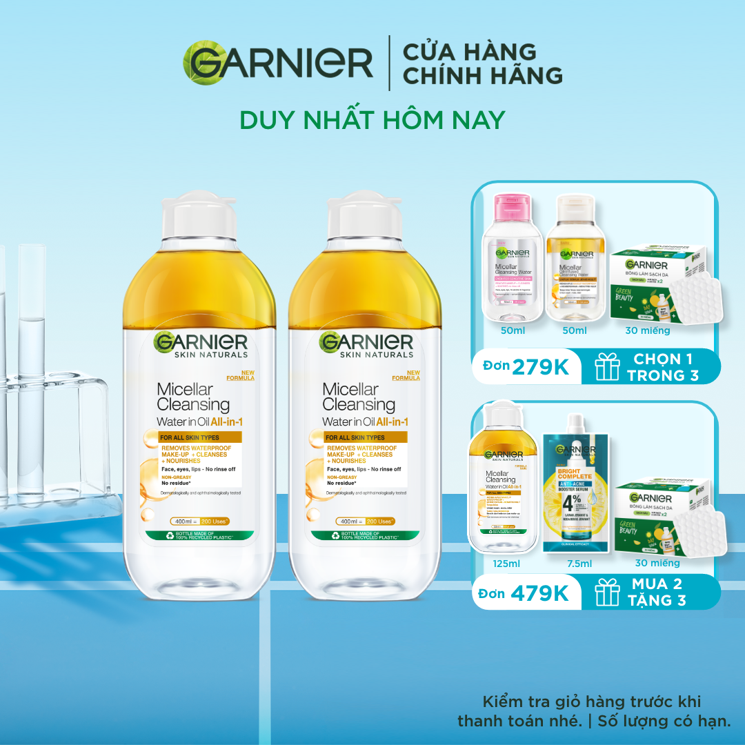 Bộ 2 nước tẩy trang làm sạch sâu dịu nhẹ & dưỡng ẩm chiết xuất tinh dầu Argan, cho da khô và da nhạy cảm- Garnier Micellar Water Bi Phase 400ml -Kitting