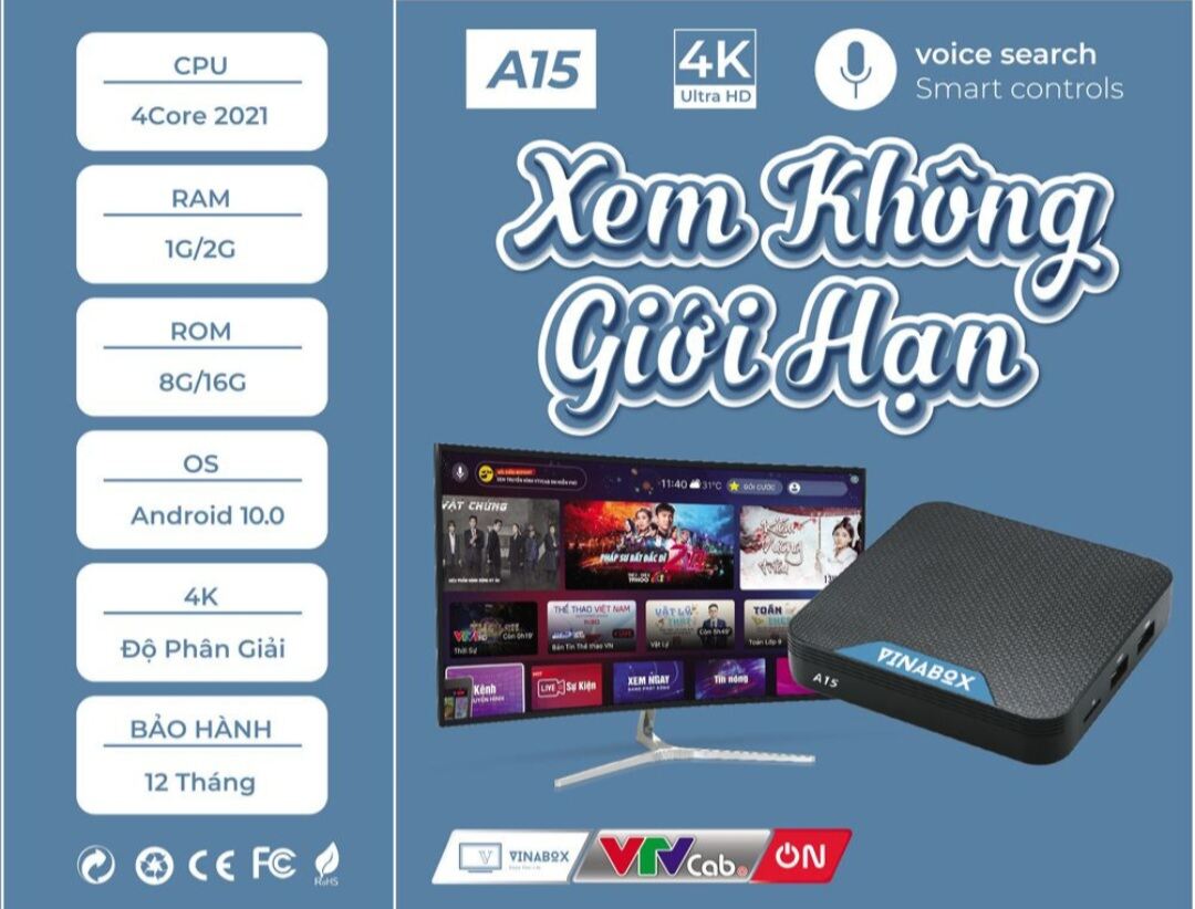 TV BOX VINABOX A15 Black 2021 Chính hãng (RAM 2G, ROM 16G, Android 10.0, HDMI, LAN, Wifi)