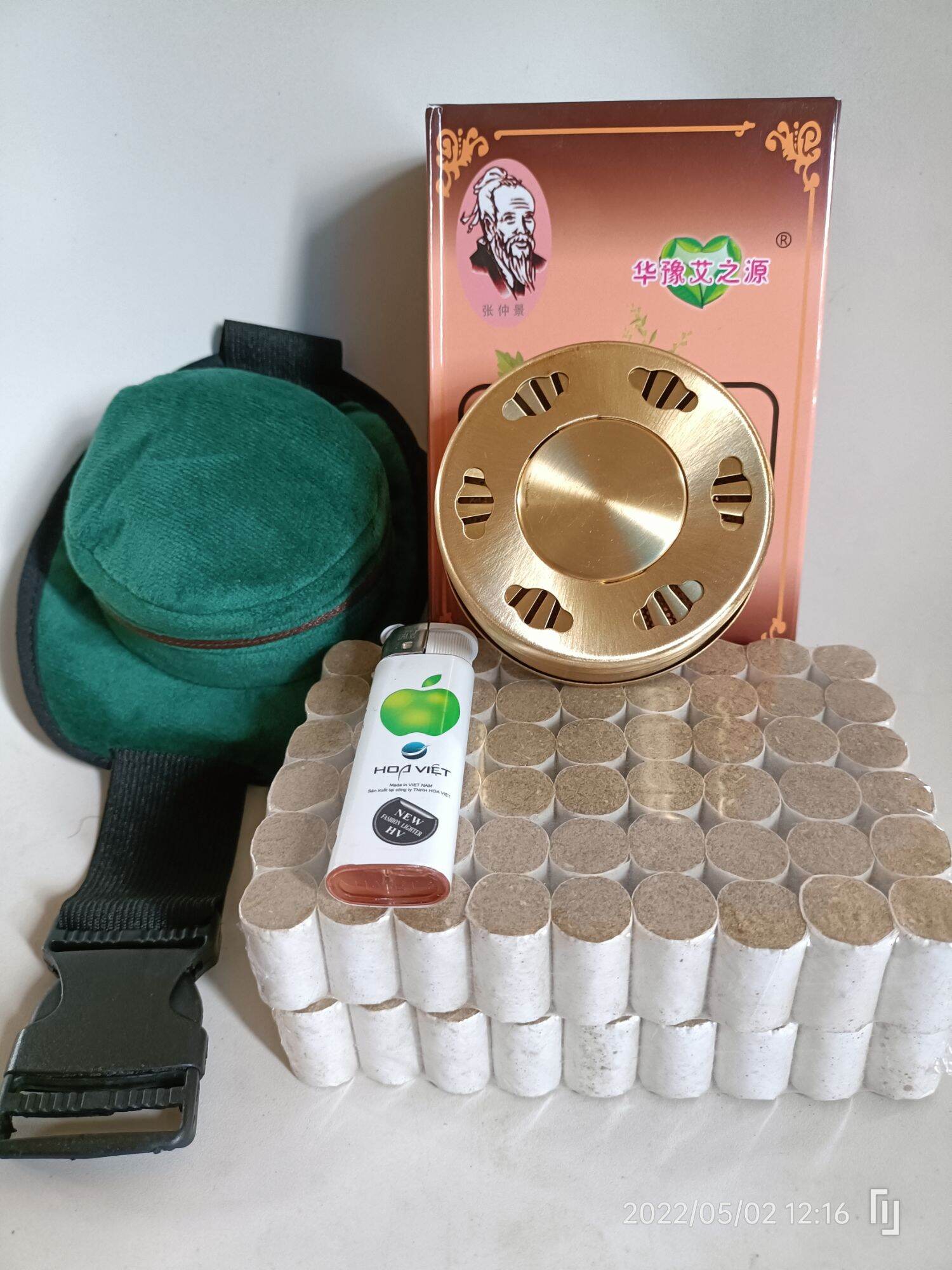 Hộp xông ngải cứu bằng đồng cao cấpi, Bao nhung đơn + Hộp ngải đoạn 108 viên