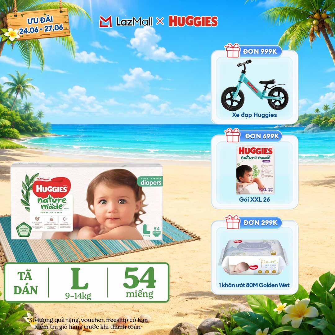 [Chỉ 25-29.06 QUÀ TẶNG ĐƠN 399K](Mua 1 tặng 1) Tã/Bỉm dán HUGGIES PLATINUM NatureMade L54 (9-14kg)-Gói Jumbo 54 miếng