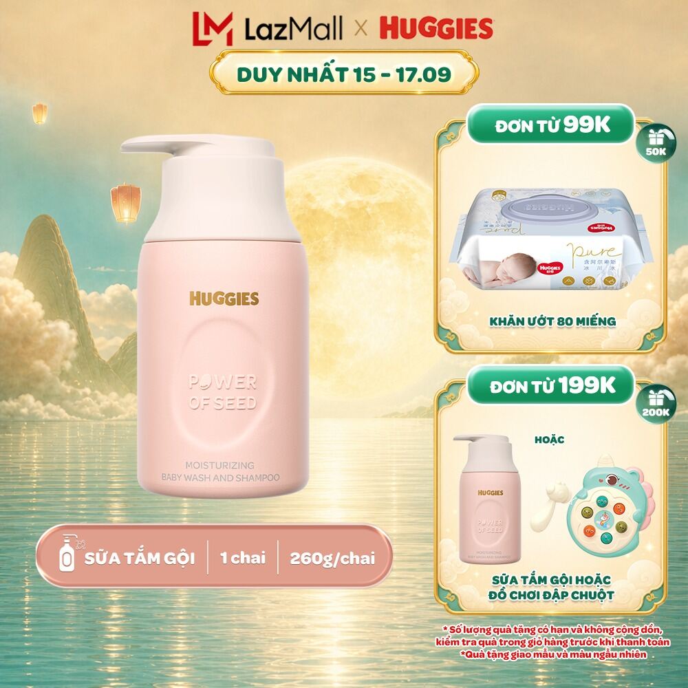 Sữa tắm gội dưỡng ẩm cho bé Huggies Power of Seed 260g MỚI với tinh chất Moroccan Seed oil quý hiếm