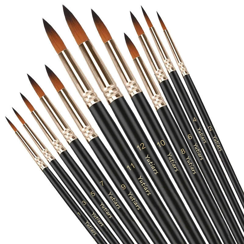 12 Chiếc Cọ Vẽ Chuyên Nghiệp Bộ Lông Nylon Đầu Tròn Nhọn Dùng Cho Tranh Sơn Dầu Màu Nước Acrylic - Dụng Cụ Nghệ Thuật Có Tay Cầm Bằng Gỗ