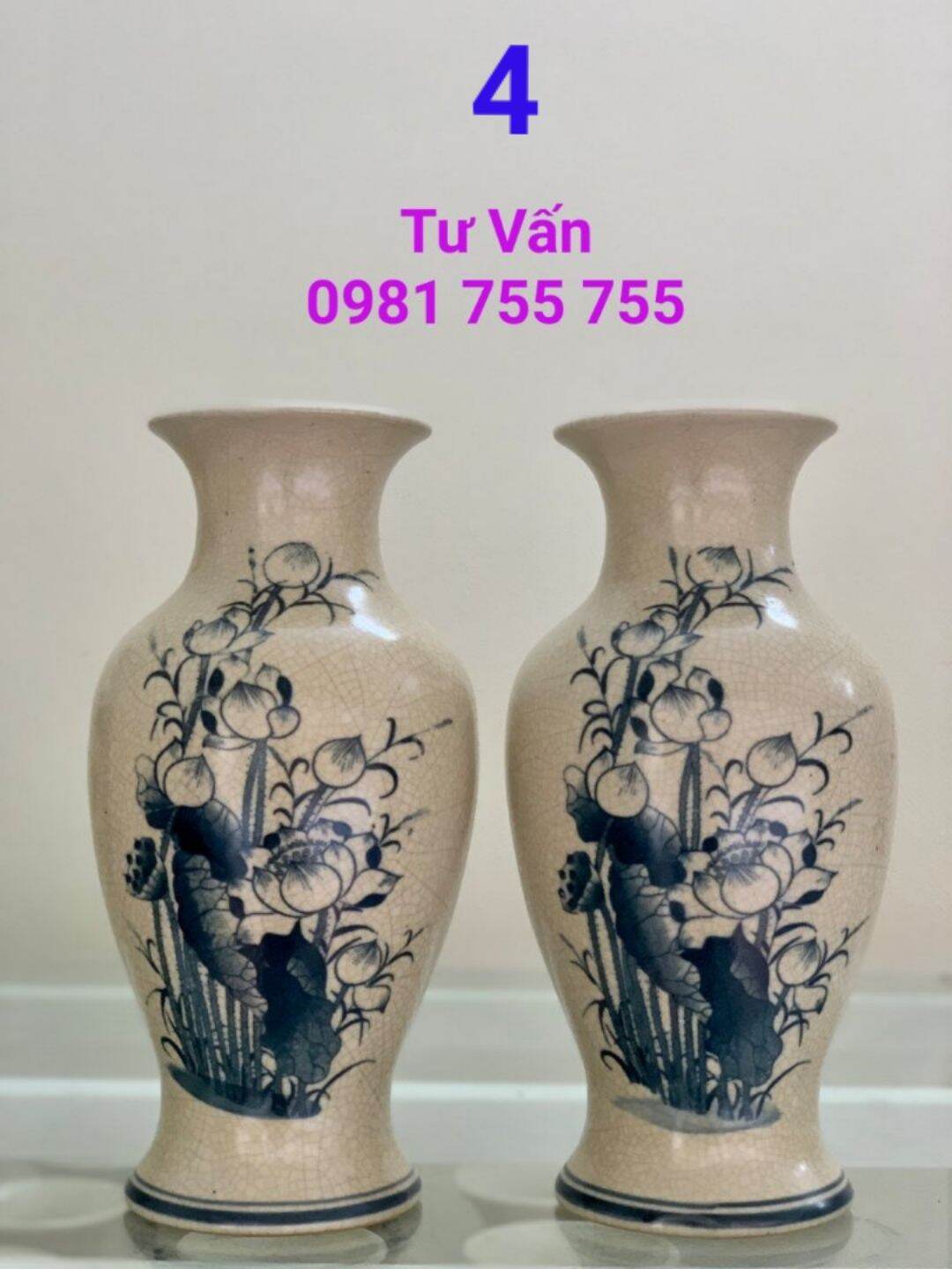 Lọ hoa men rạn,bình bông vẽ sen gốm sứ bát tràng,thờ cúng