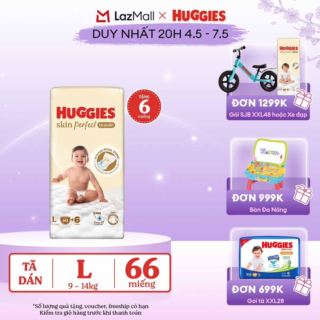 [CHỈ 20h 04-07.05 QUÀ TẶNG ĐH 699K]  Tã quần Huggies Skin Perfect L size Super Jumbo 60+6 miếng - Nhiều Phiên bản