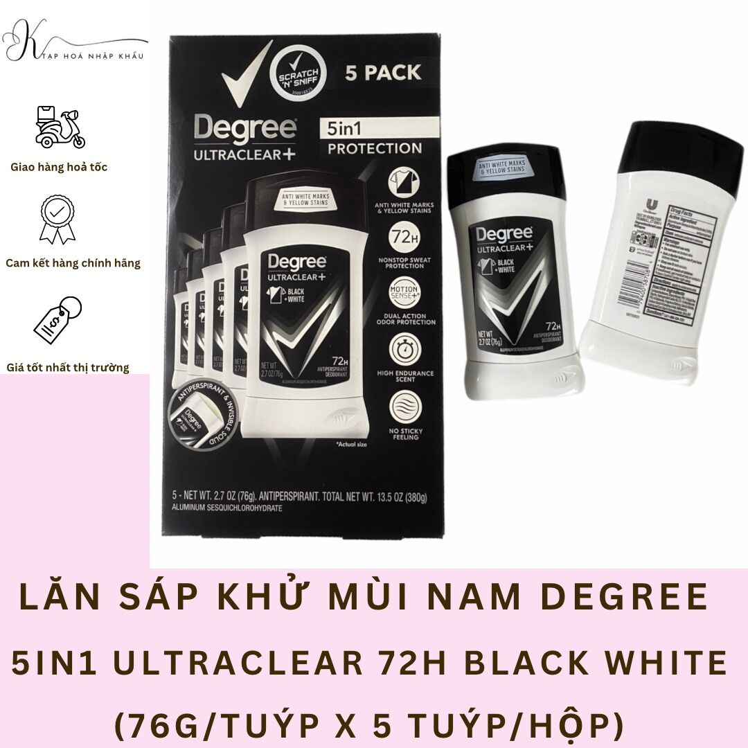 Lăn sáp khử mùi nam 5in1 degree ultraclear 72h black white