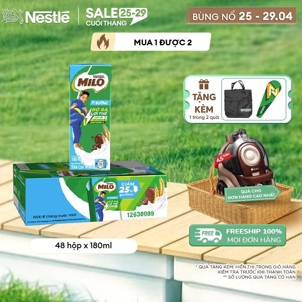 [ƯU ĐÃI THÁNG 4] [Giao hàng toàn quốc] Sữa lúa mạch Nestlé® MILO® ít đường thùng 48 hộp x 180ml (1x4x180ml)