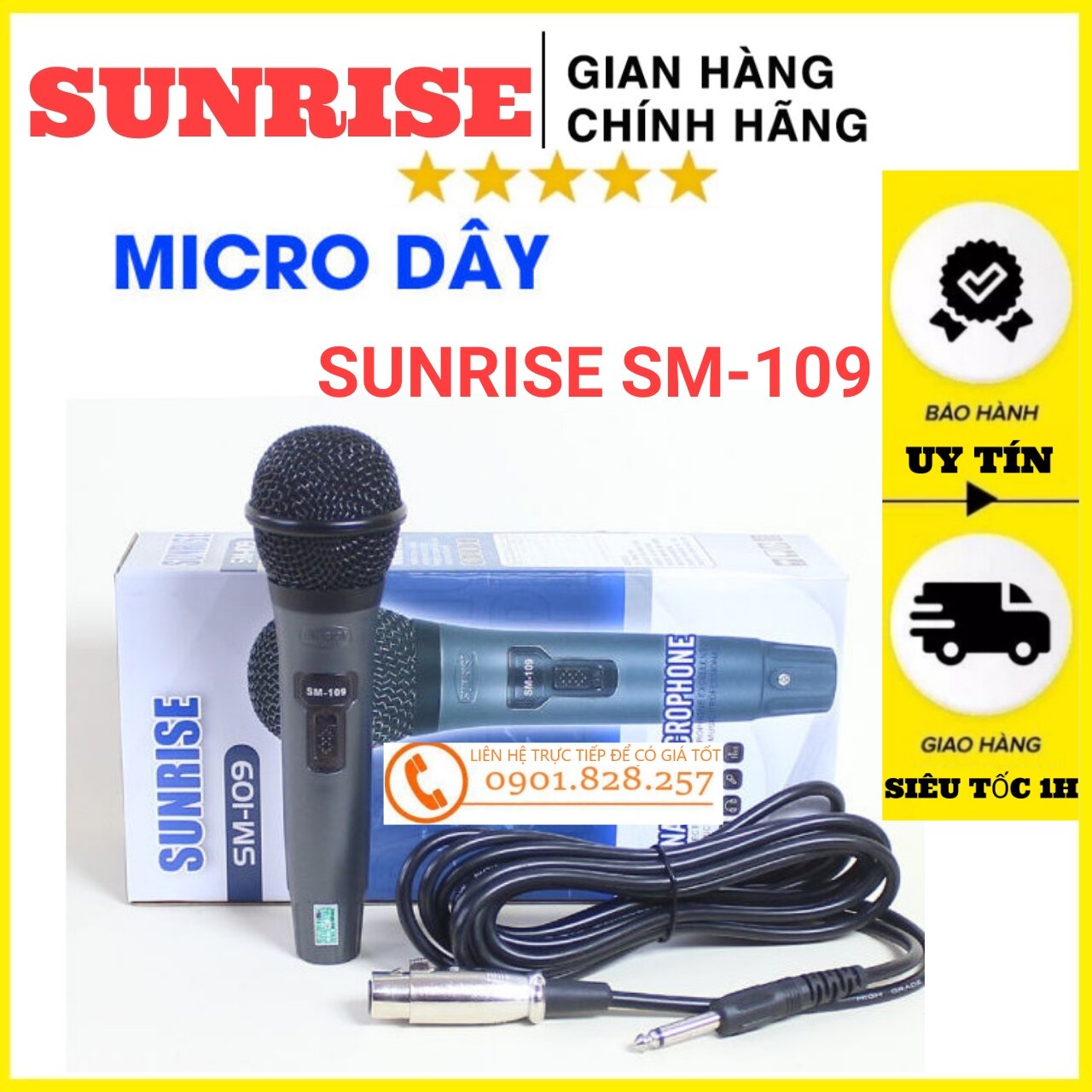 Micro karaoke có dây chính hãng Sunrise SM-109 hát nhẹ, bắt giọng hay, mic kèm dây zin dài 5m, chất lượng nhôm bền bỉ