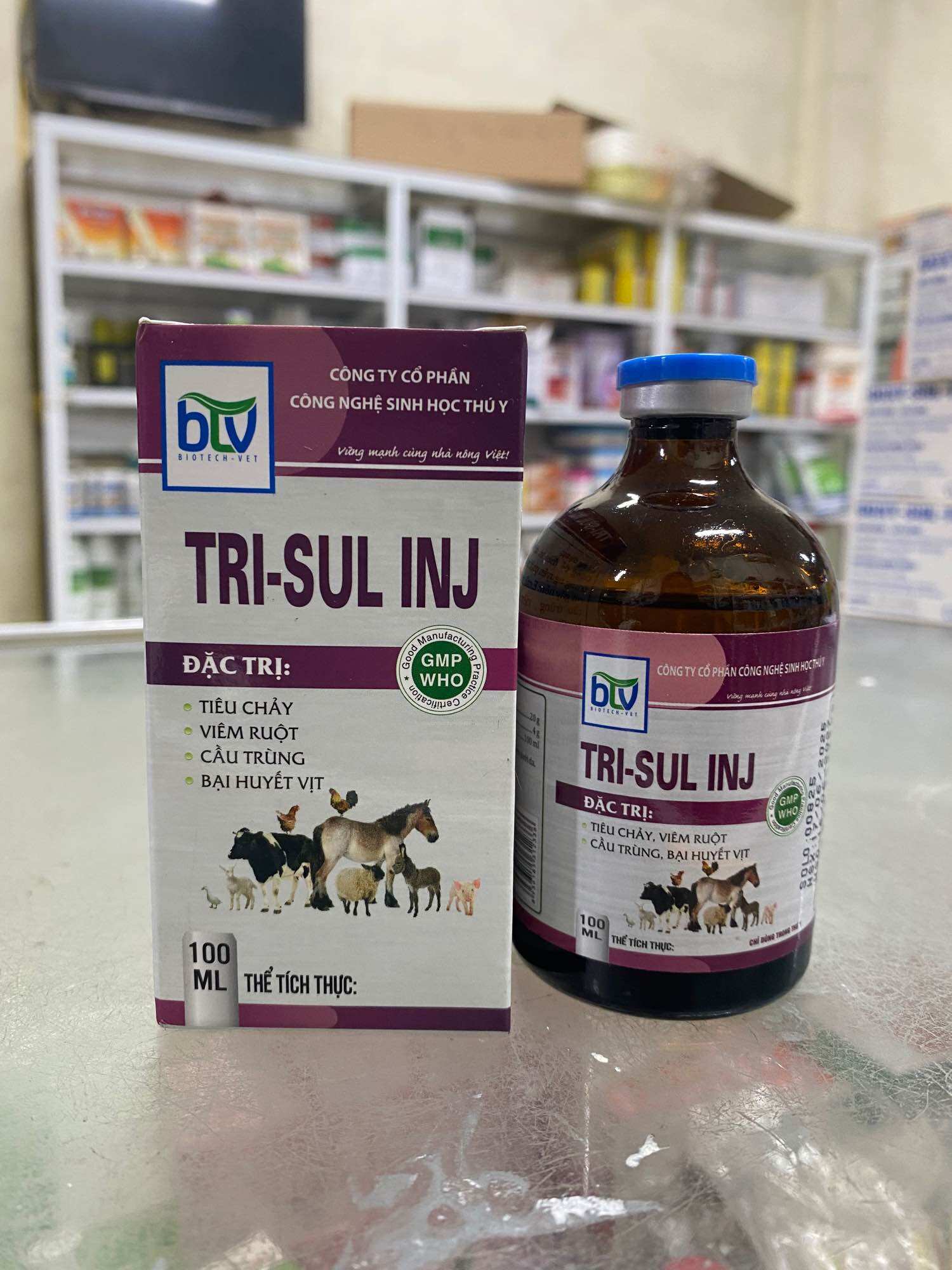 BTV TRI-SUL (chai 100ml) dung dịch tiêm xử lý tiêu chảy, viêm ruột hoại tử, cầu trùng, bại huyết trên gia cầm, thuỷ cầm, gia súc