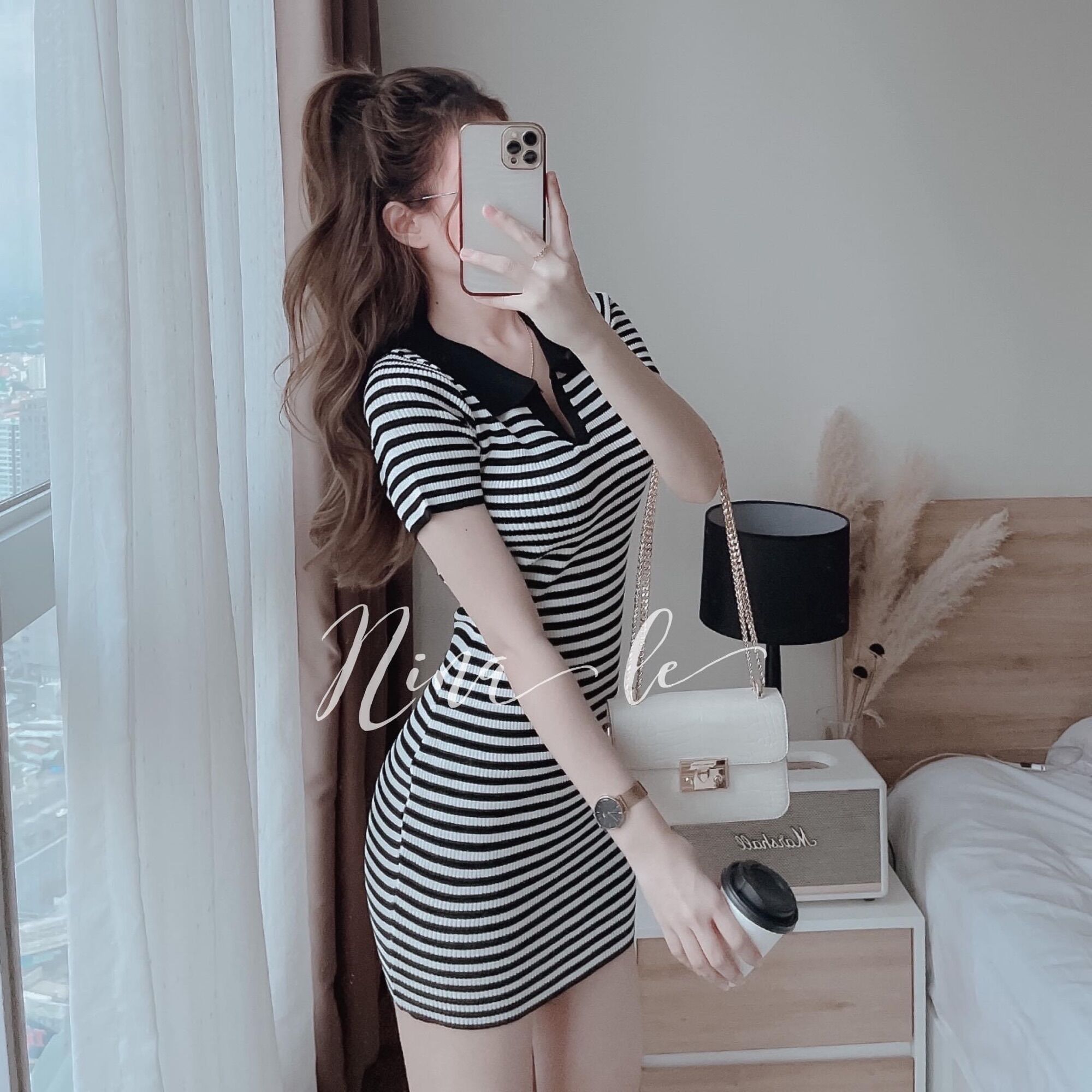 Đầm Gân Ôm Body Sọc Cổ Bẻ Xẻ V