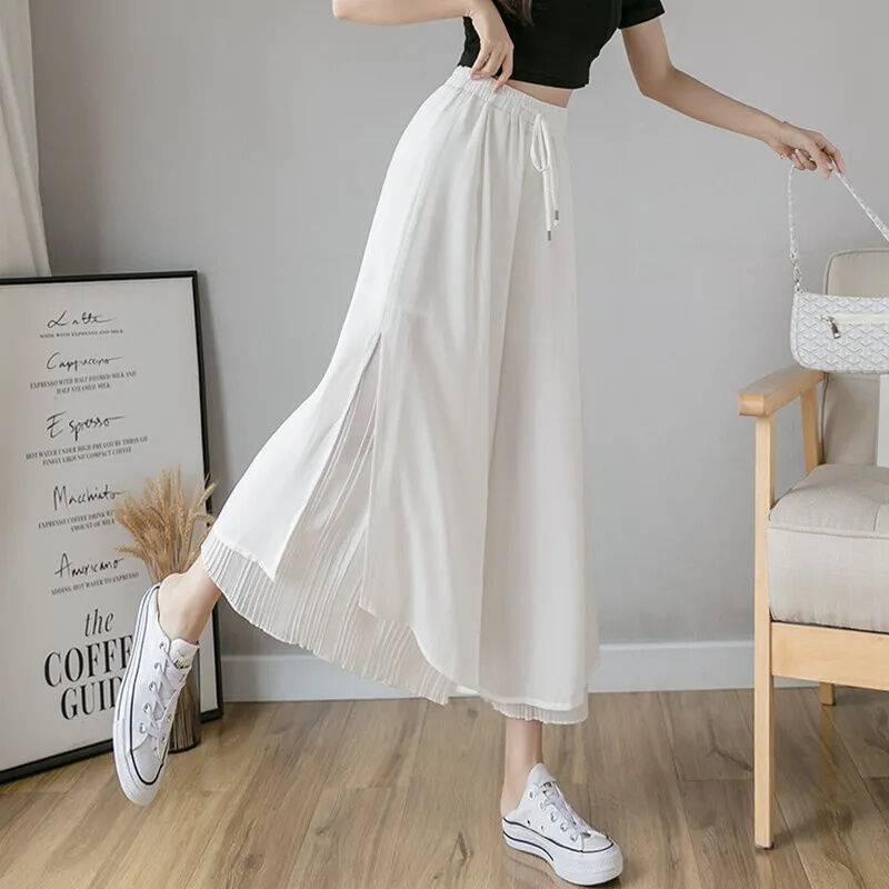 Quần Ống Rộng Lụa Lạnh Chiffon Chiffon 9 Tấc, Quần Váy Kiểu Mỏng 2022 Mùa Hè Cho Nữ, Quần Mặc Thường Ngày Bay Bổng Xếp Ly Cạp Cao Cảm Giác Rủ Xuống