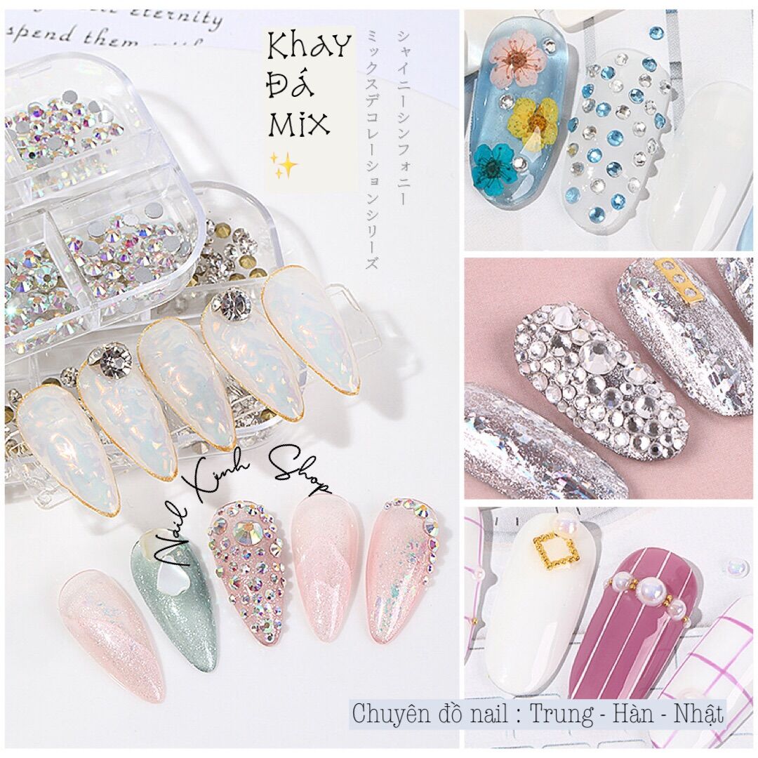 Khay nail 12 ô, phụ kiện trang trí móng tay, đá nail AB, đá chân bạc phụ kiện nail chuyên dụng nail salon