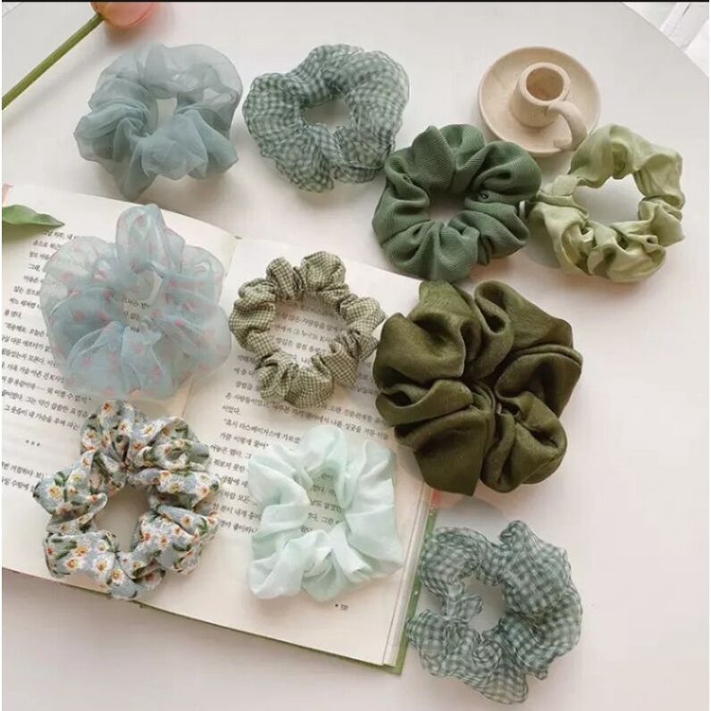 Set 10 cột tóc nữ scrunchies tone xanh nhẹ nhàng