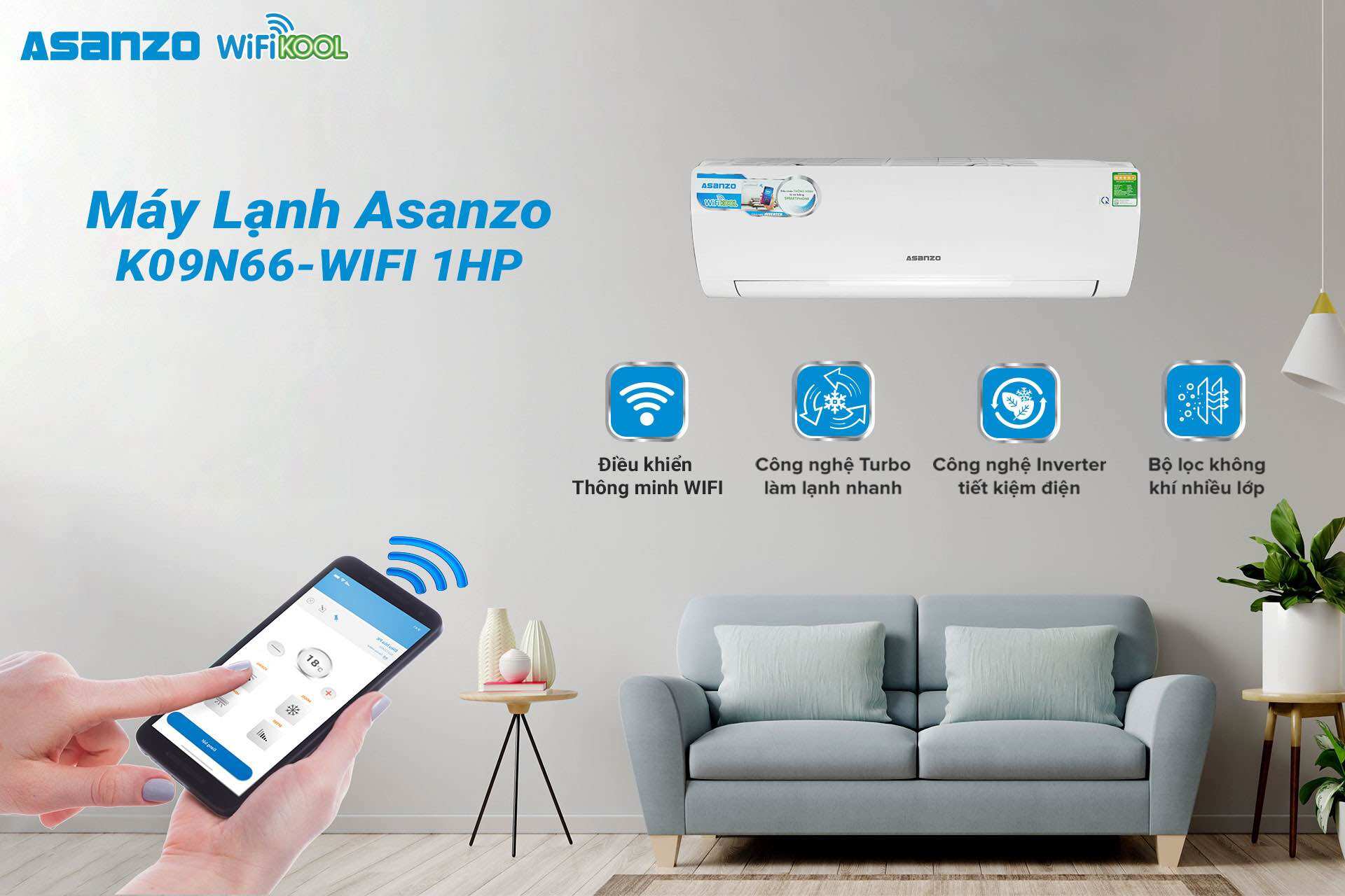 Điều hòa 1 chiều  Asanzo inverter 9000-K09N66