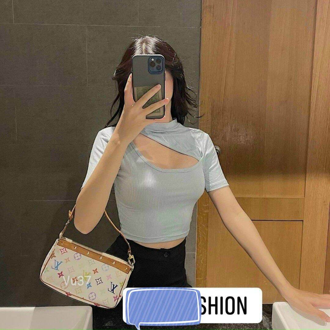 ÁO Thun Gân Khoét Ngực Croptop