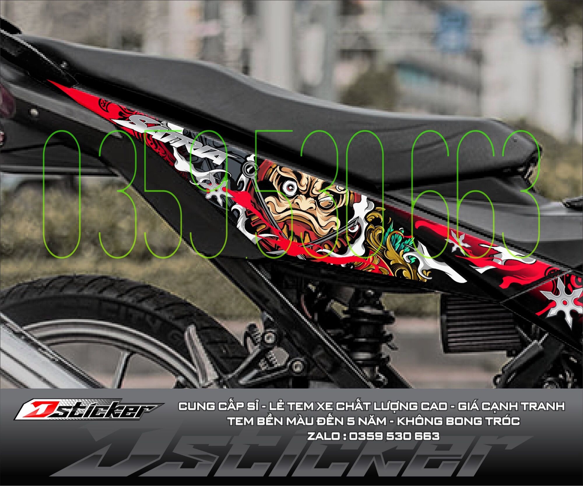 Tem rời Daruma đỏ dán Satria xe đen - cực ngầu 2021
