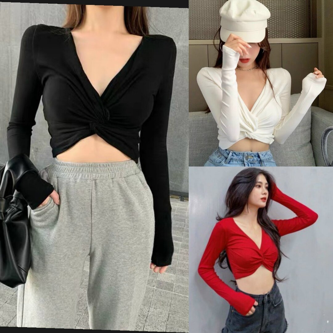 Áo xoắn ngực tay dài croptop thun gân