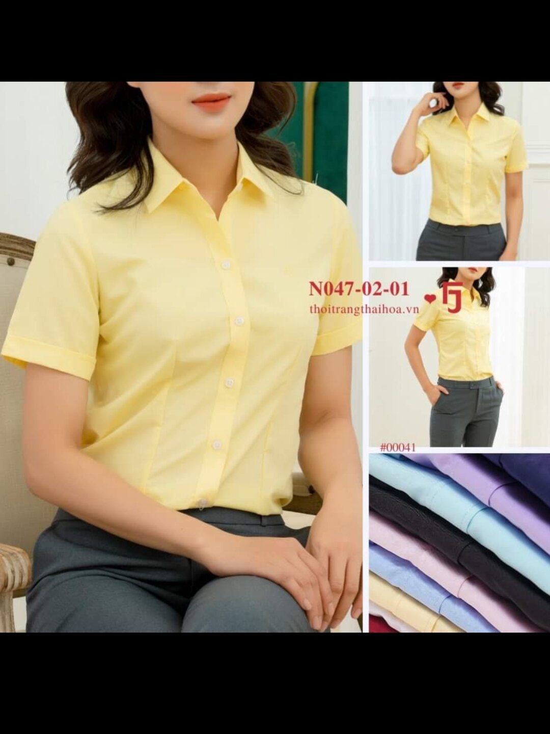 áo sơ mi nữ Thái Hòa màu vàng trơn chất kate