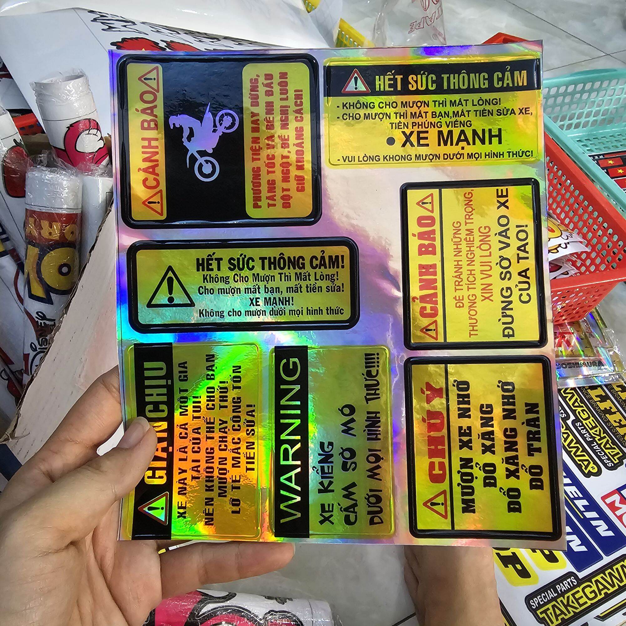 Combo 7 tem logo cảnh báo 7 màu dán trang trí xe máy