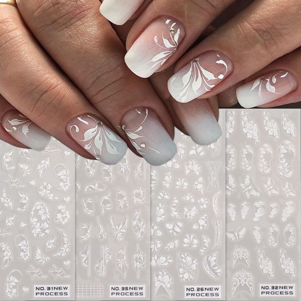 Sticker dán móng tay nail hoa Trắng loang sắc nét