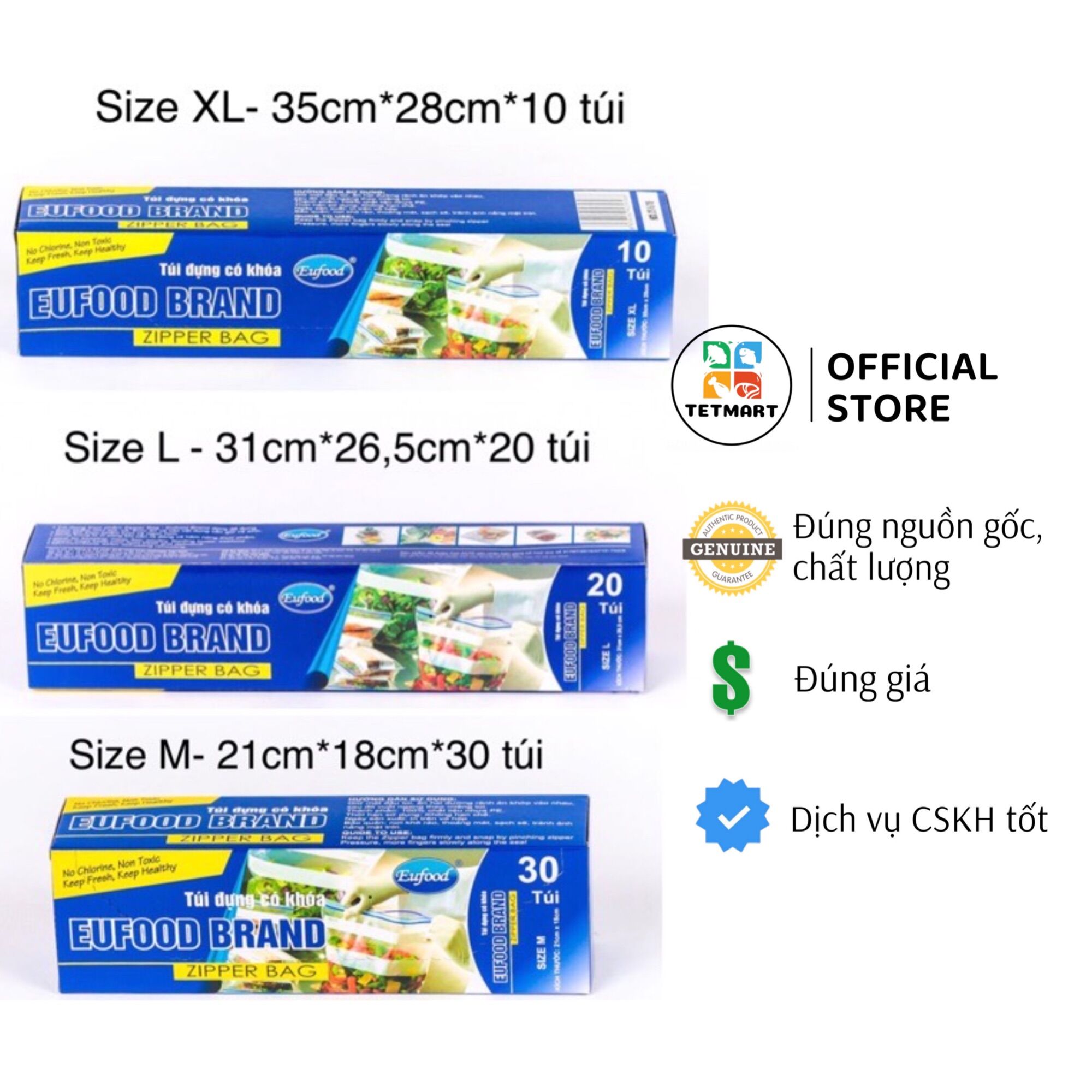 Túi Zipper 3 Size M, L, XL hiệu EU Food, nhựa PE an toàn, dùng được cho lò vi sóng, 3 kích cỡ XL - 35cm x 28cm x 10 túi L - 31cm x 26,5cm x 20 túi M - 21cm x 18cm x 30 túi