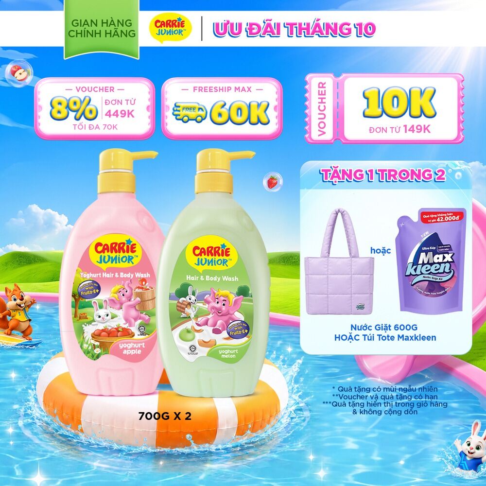 Combo 2 Chai Sữa Tắm Gội Cho Bé Carrie Junior chiết xuất trái cây thiên nhiên Yoghurt hương Táo + Dưa Lưới (700g/ chai)