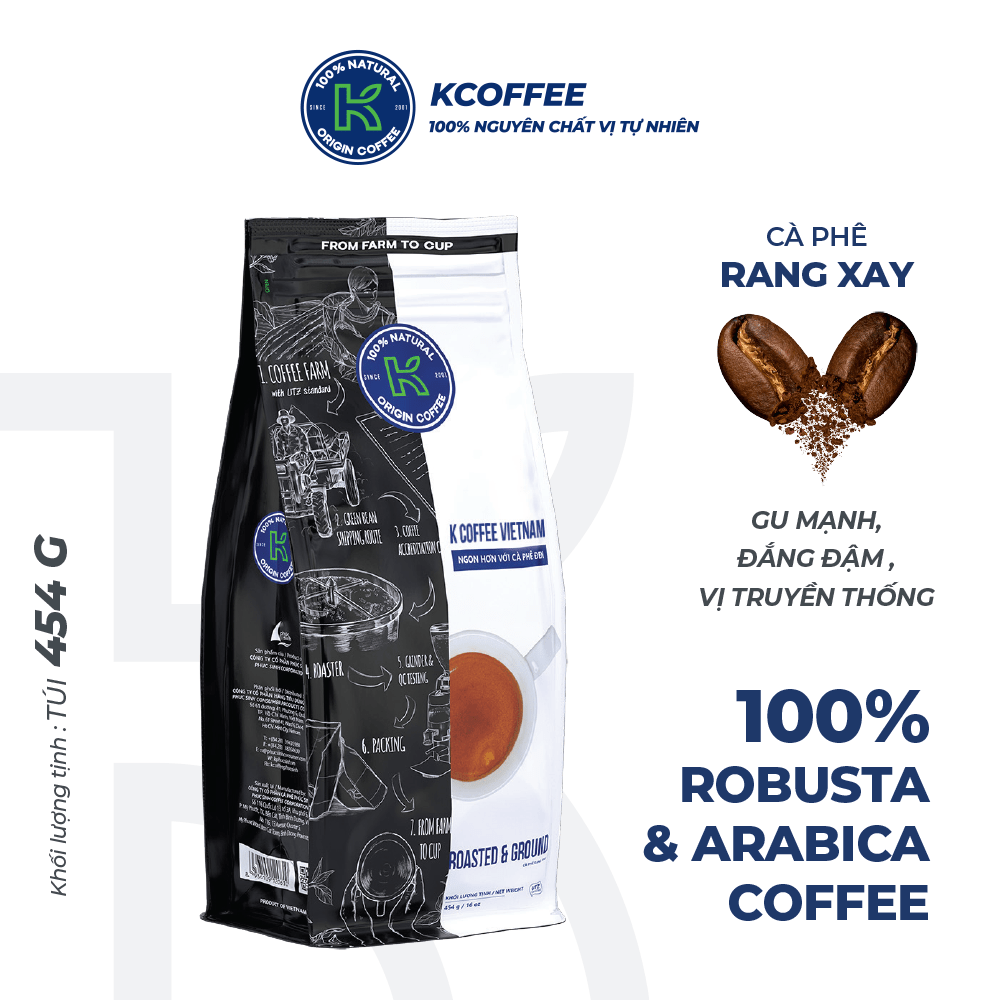 [MUA 3 TẶNG 1] Cà Phê Rang Xay Nguyên Chất K Coffee Vietnam 454g (10% Arabica và 90% Robusta) - Thương Hiệu K COFFEE