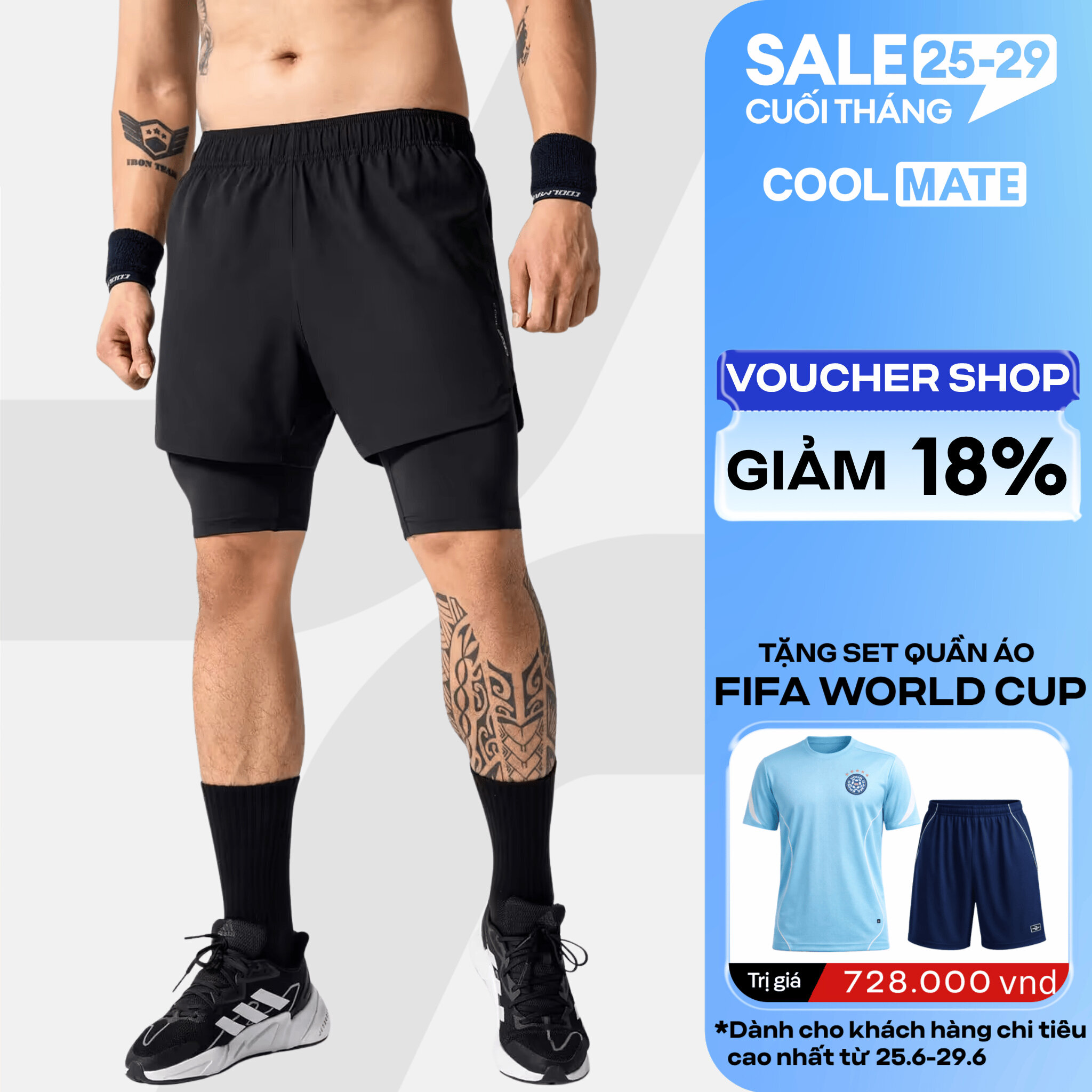 Quần Short thể thao nam Gym Power 2 lớp co giãn, thấm hút, nhanh khô Coolmate