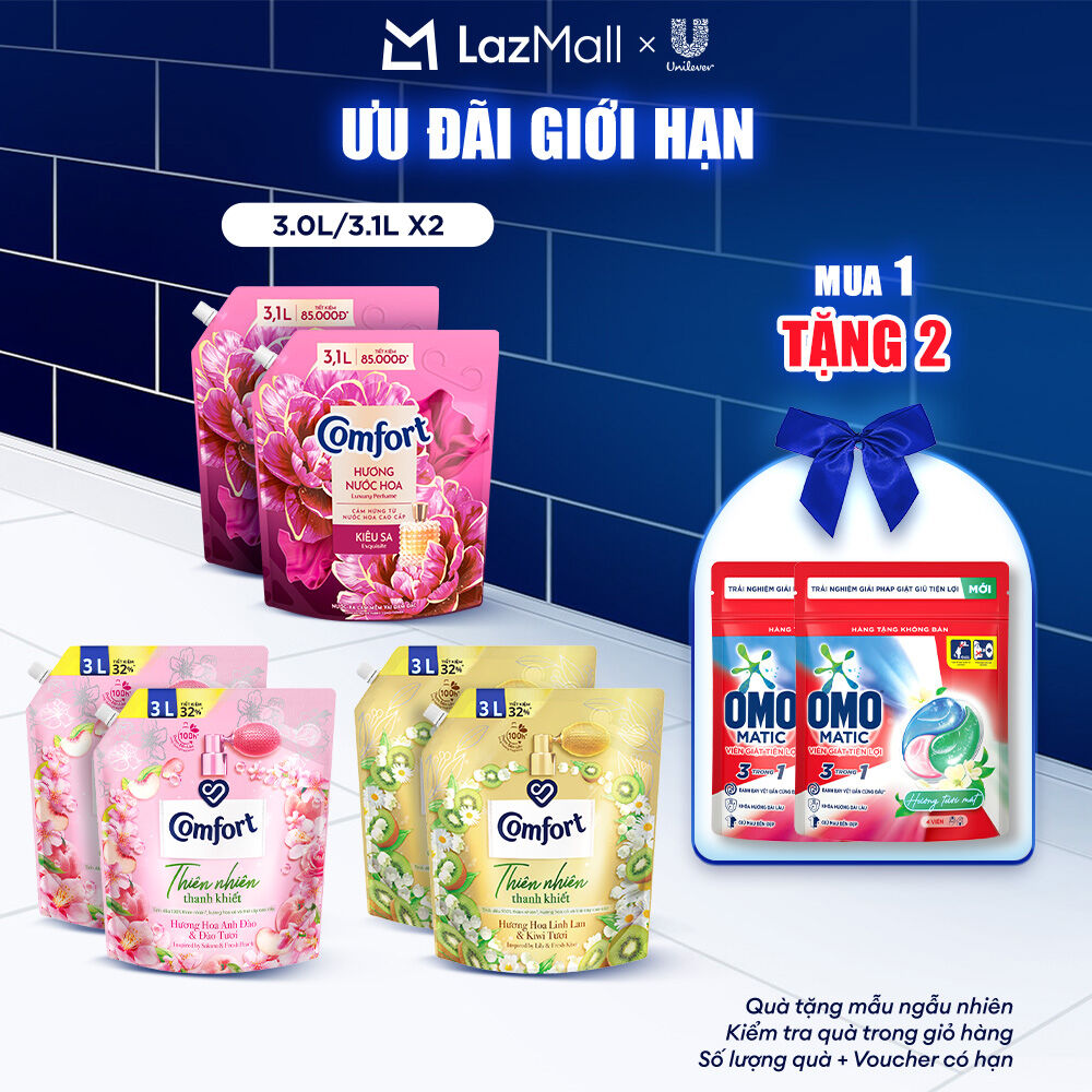  Combo 2 túi Nước Xả Vải Comfort Thiên Nhiên Thanh Khiết  Mẫu Đơn Kiêu Sa 3.0L 3.1L x2 